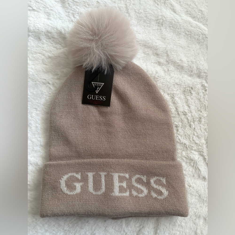 Guess Women's Beige Knit Beanie with Pom-Pom
